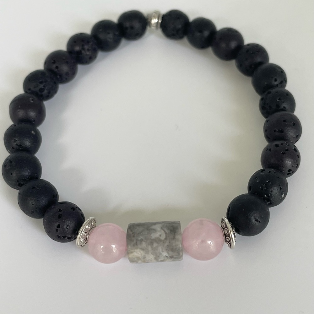 NEW Handmade Natural Stone Healing Bracelet- Lava Stone and Rose Quartz